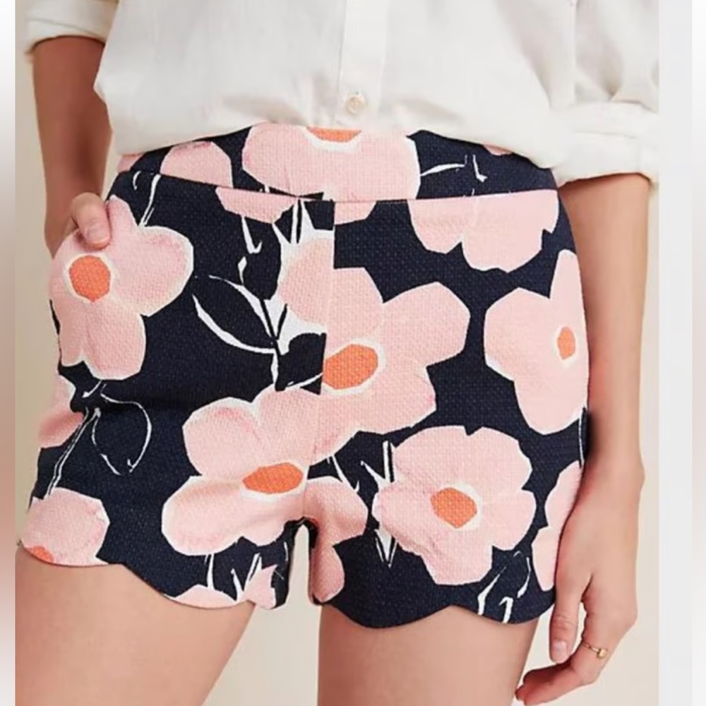Anthropologie Navy Blue Floral Scalloped Hem Shorts with Pink Flowers
